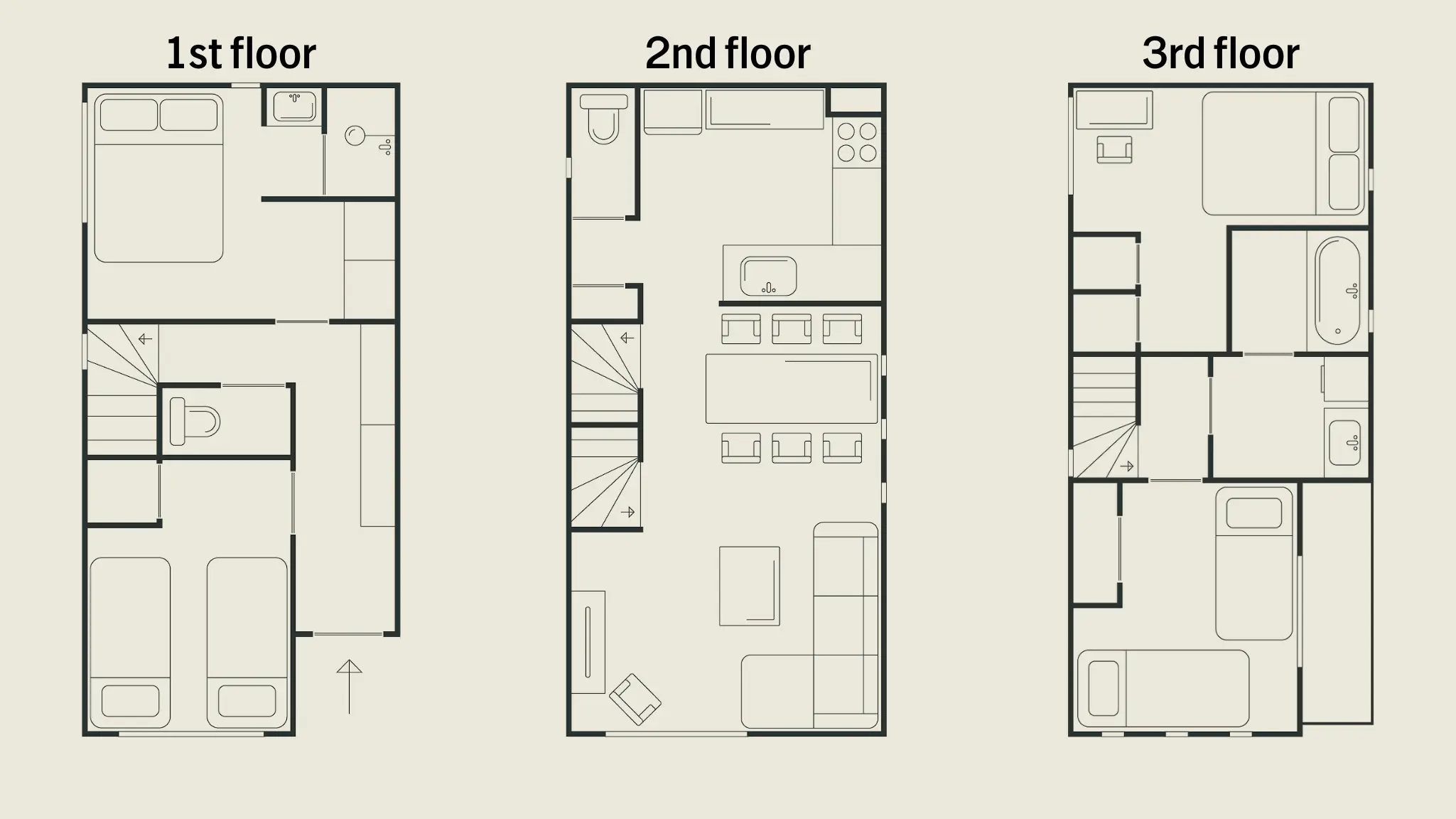 Hatsudai house floor plan, 1st to 3rd floor