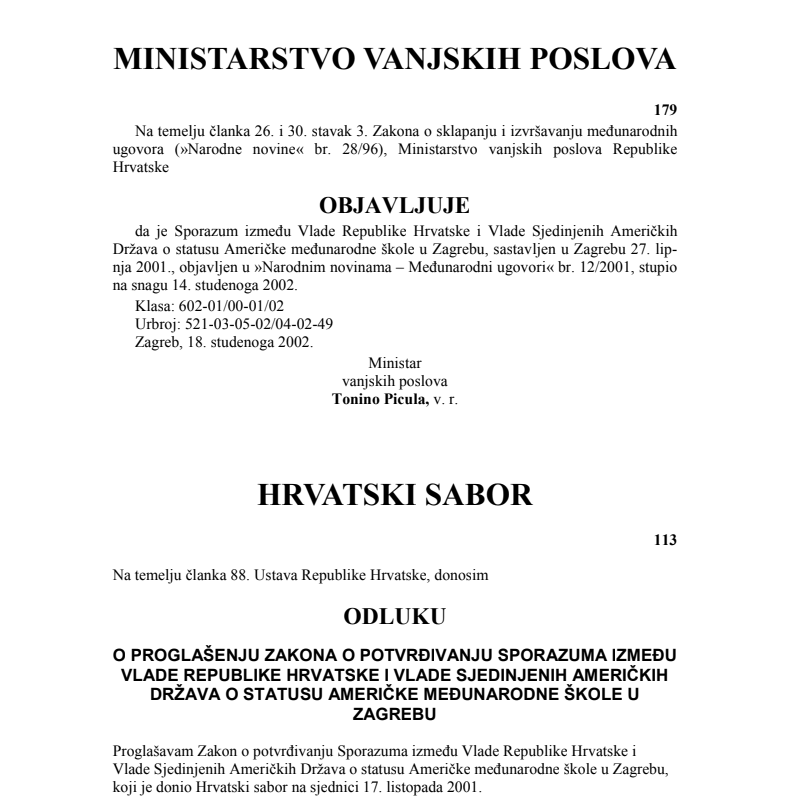 AISZ Bilateral Agreement Between U.S. and Croatian Government